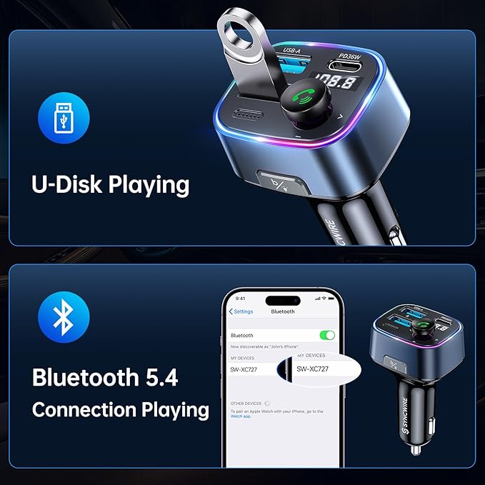 Syncwire Bluetooth 5.4 FM Transmitter Car Adapter 48W(PD 36W & 12W) [Light Switch] [Hi-Fi Deep Bass] [Fast Charging] Wireless Radio Music Adapter LED Display Hands-Free Calling Support USB Drive