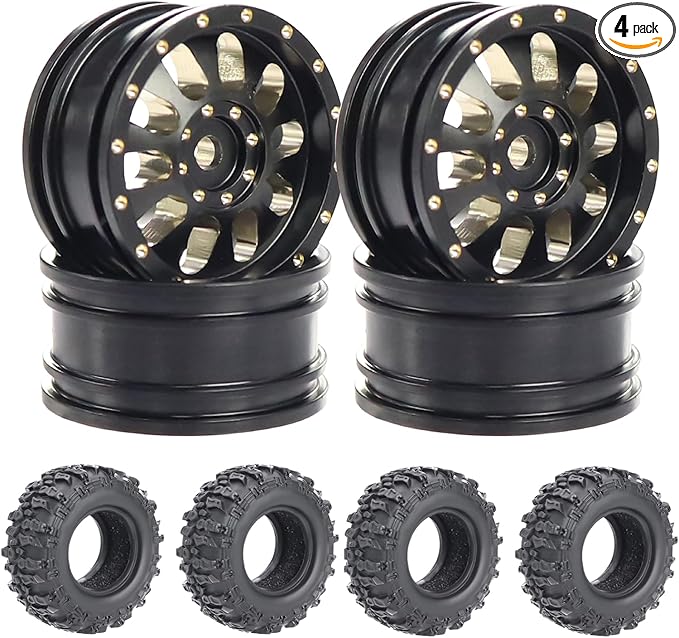 4pcs SCX30 Brass Offset 0.7'' Wheels Set with Rubber Tires Sponge Insert for AXIAL SCX30 Ford Bronco JEEP WRANGLER JLU RC Crawler Upgrade Part ﻿ (Black 10-hole set)