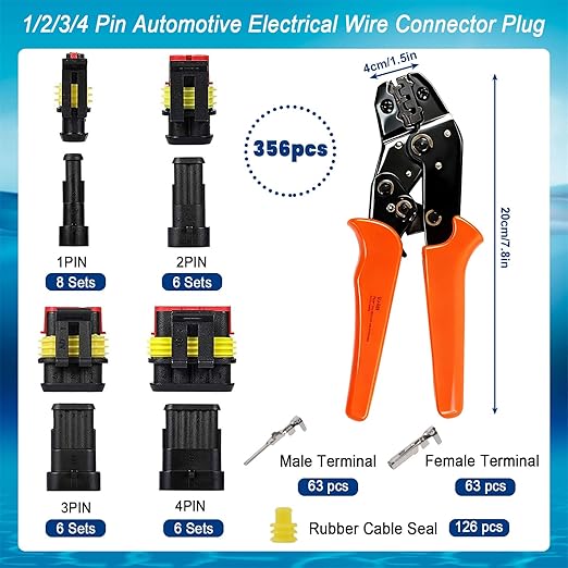 356Pcs Waterproof Electrical Connectors 1/2/3/4 Pin Connector Automotive Wiring Connector Kit Male and Female connectors for Wiring with Ratchet Crimping Tool