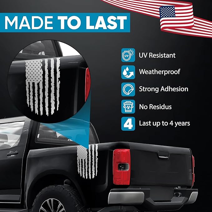 GRITKULTURE Distressed American Flag Vinyl Decal 17 inches by 9 inches for Trucks, Cars, and Windows Compatible with Most Pickup- Rear Graphic USA, US Flag Car Sticker (Reflective Silver)