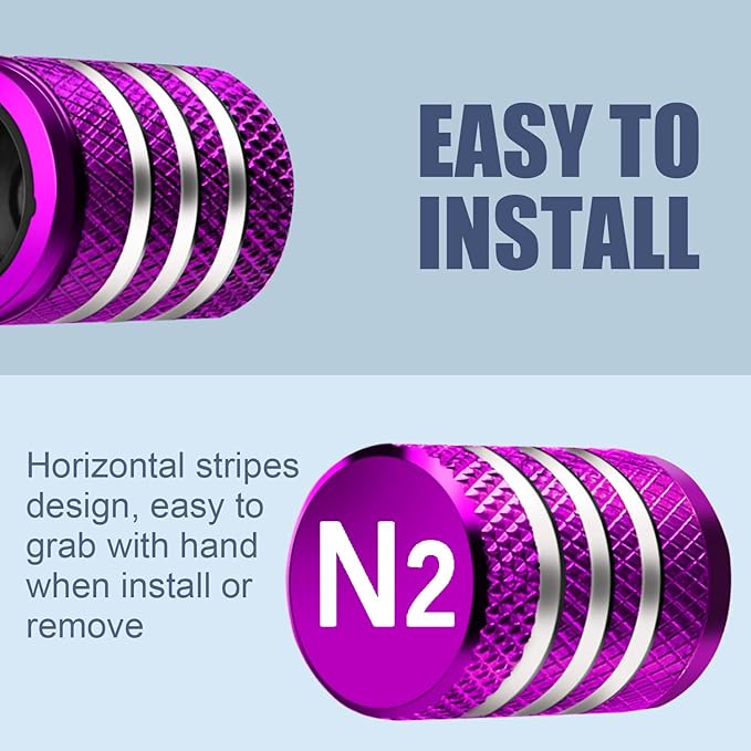 Tire Valve Stem Caps Cover - (5 Pack) Tire Air Cap N2 Nitrogen Metal with Plastic Liner Corrosion Resistant Leak-Proof for Car Truck Motorcycle Bike Purple