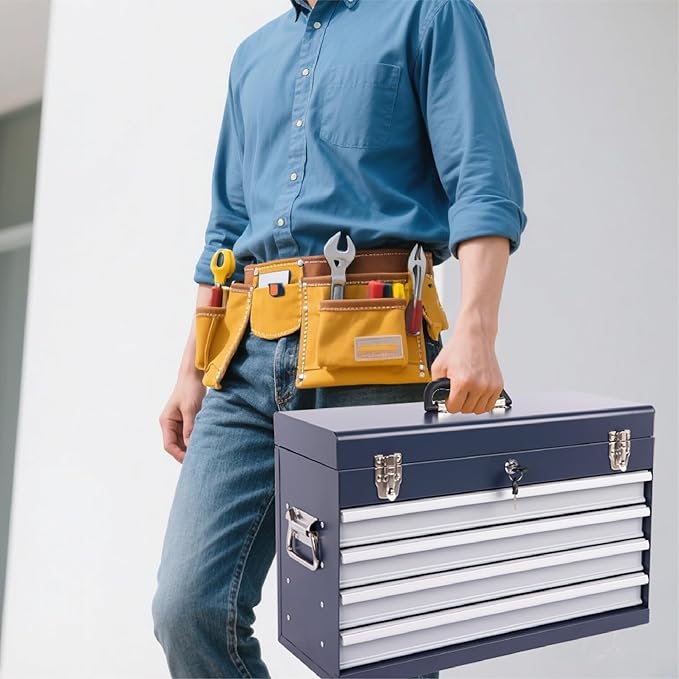 21" Portable 4 Drawer Steel Toolbox, 5 Layers of Tools with Metal Latches, with Top Storage Tray and Carrying Handle, Multi-Function Tool Chest for Garage, Home,or Workbench（grey）