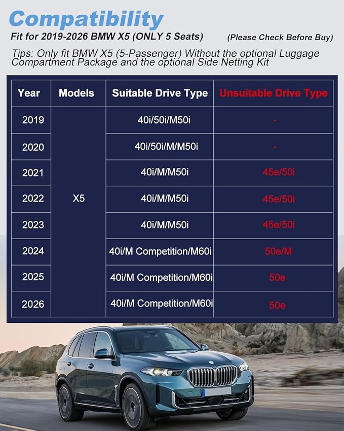Floor Mats & Cargo Liner compatible with BMW X5 2026 2025 2024-2019 ONLY 5 Seats (Non 45e/50e & 7-Seats Models) | All Weather TPE Floor Mats for 2019-2025 2026 X5 G05 Accessories Anti-Slip Trunk Liner