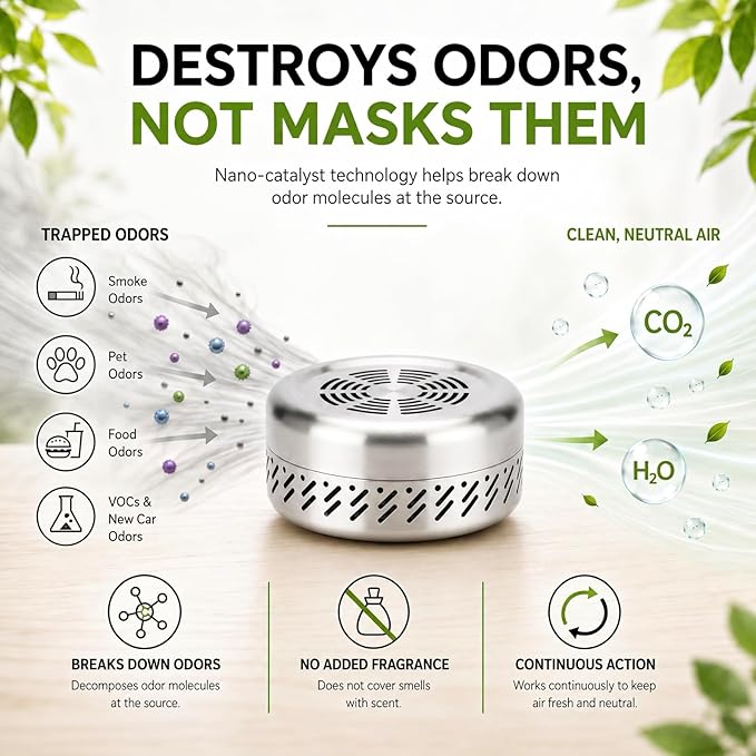 Car Odor Eliminator Lasts 10 Years, Nano Catalyst Deodorizer Removes Smoke, VOCs, Fragrance-Free, for Fridges, RVs, Closets & Bathrooms, Better Than Charcoal, Baking Soda & Air Fresheners