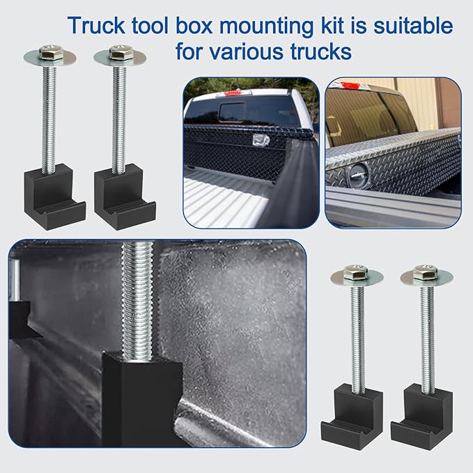 4Pcs Truck Tool Box Mounting Kit - Upgraded J Hook Crossover Tool Box fits for Pickup Truck Tool Box Mount Tie Downs, Universal Aluminum Truck Tool Box Tie Downs Accessories, Black