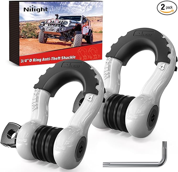 Nilight 3/4 inch D Ring Shackle 2 Pack 19T (41,887 lbs) Break Strength 4.75T WLL Heavy Duty Towing Hook with Anti-Theft System Anti-Rattle Isolators for Truck Jeep SUV ATV UTV Recovery White