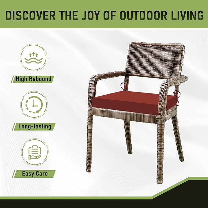 Basic Beyond Outdoor Chair Cushions Set of 6, Square Corner Outdoor Cushions for Patio Furniture, Water Resistant Patio Chair Cushions with 2 Ties, 18.5x16x3, Brick Red