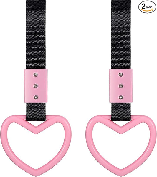 BBTO 2 Pieces Heart Shaped Car Handle Straps Drift Charm Rear Bumper Warning Ring Decor Subway Bus Broken Heart Handle for Car Interior(Light Pink)