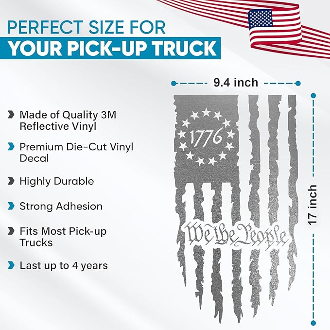GRITKULTURE We The People Distressed American Flag Decal Vinyl for Trucks, Cars, Tailgate, Windows Preamble of The US Constitution fits Most Pickup Trucks-Rear USA Flag Car Sticker (Reflective Silver)