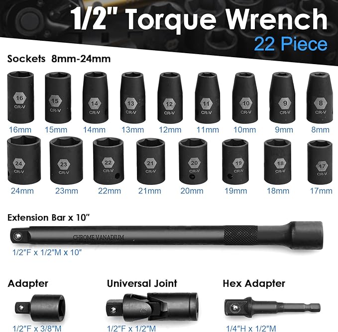YIYEIE 22PCS Torque Wrench Set 1/2" Drive, 10-180 ft.lb/13.6-244.1 Nm, Click Torque Wrench with Impact Sockets, 1 ft.lbs Micro, 72-Tooth Ratchet, Quick Release Head, Master Torque Tool for Car Repair