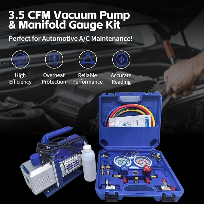 AC Vacuum Pump and Gauge Set, 1/4 HP 3.5 CFM Vacuum Pump Manifold Gauge Kit with 3 Hoses Adapters & Accessories for R134a R12 R22 R502, A/C Vacuum Pump Kit for Auto HVAC Systems
