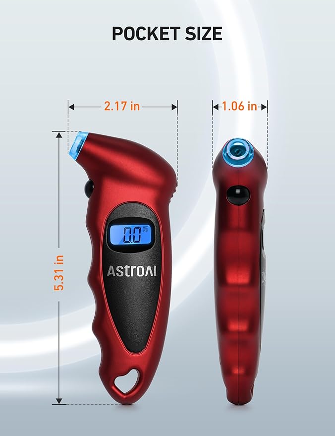 AstroAI Digital Tire Pressure Gauge 0-150PSI, Accurate in 0.1 Increments, Backlit LCD and Presta Valve Adaptor Included, 4 Units of Measurement for Car Truck Bicycle, Red