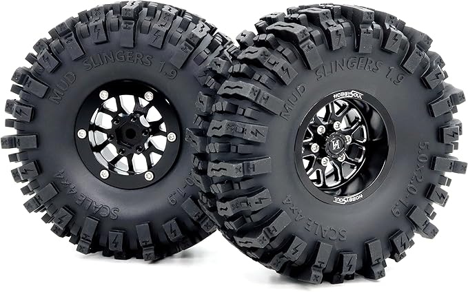 HOBBYSOUL 5.0'' Tall 1.9 Mud Slingers T8 tires & 1.9 Wheels, -10.5mm Negative Offset 1.9 Beadlock wheels and tires For 1/10 Crawler SCX10 TRX4 high Trail Upgrade, HS701547