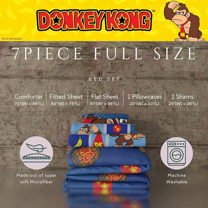 Collectibles Nintendo Donkey Kong Gaming Bedding 7 Piece Super Soft Reversible Comforter and Sheet Set with Sham, Full, (Officially Licensed Product) by Franco