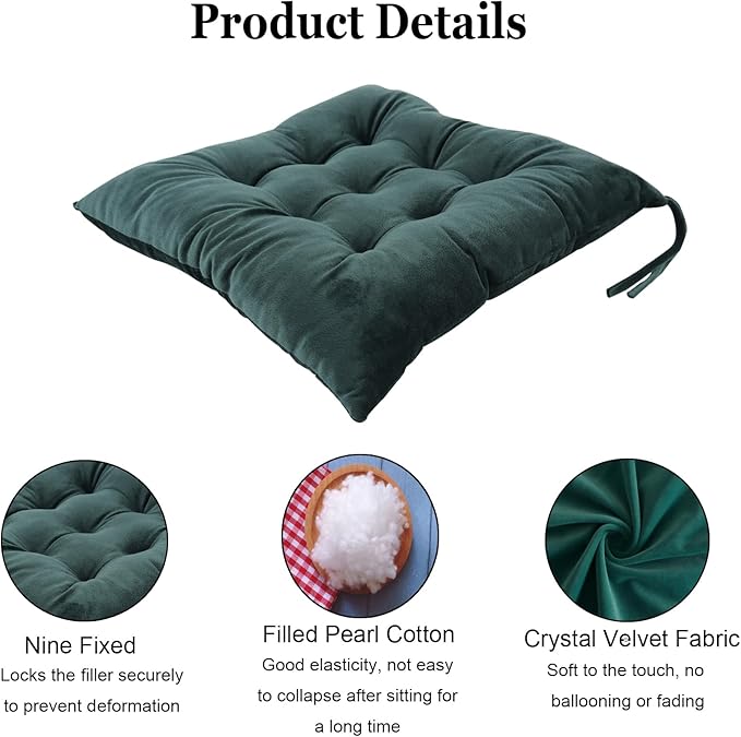 Set of 4 Chair Cushions for Dining Chairs with Ties, Indoor Non-Slip Kitchen Chair Pad and Dining Room Seat Cushion Mat for Office Living Room Outdoor 15.5" - Dark Green