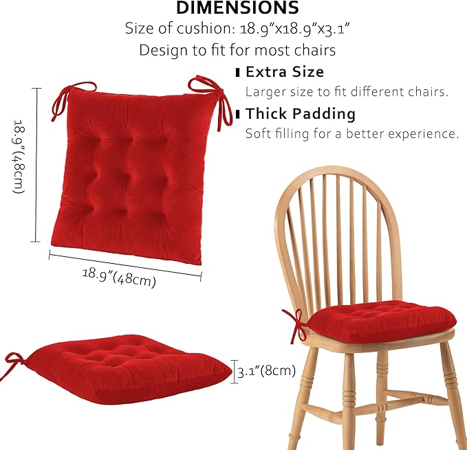 ELFJOY Set of 4 Square Chair Pads Indoor Seat Cushions Pillows with Ties Thick Soft Seat Cushion for Kitchen Dining Office Chair (18", Red)