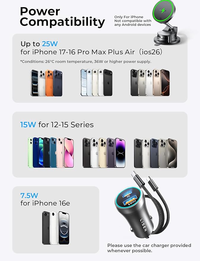 LISEN Qi2.2 25W MagSafe Car Mount Charger, Magnetic Wireless Car Charger with 54W Adapter, Magnetic Phone Holder for Car, iPhone Car Mount, Vacuum Suction Cup Phone Mount for iPhone 17 16 15 14 13 12