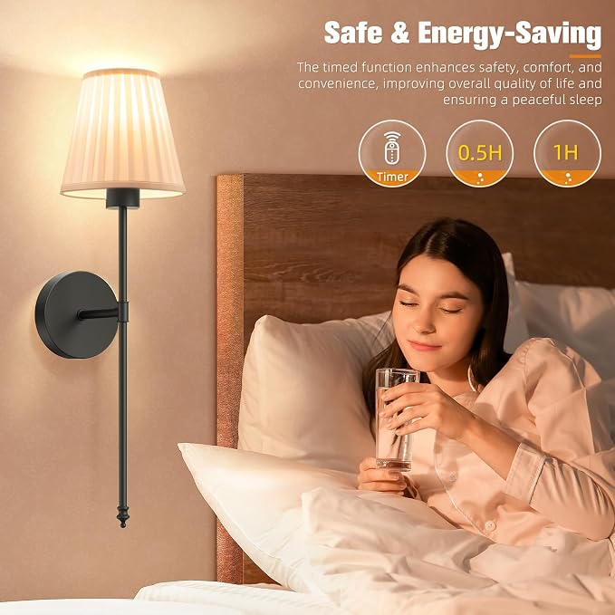 NIORSUN Battery Operated Wall Sconce Set of 2,Beige-Black Rechargeable Wall Lights with 10400mAh Dimmable Bulbs and Remote, 9 Colors Wireless Wall Lamps for Bedroom Living Room Hallway