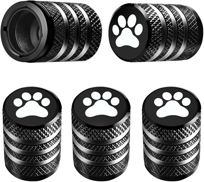 Tire Valve Stem Caps Cover - (5 Pack) Tire Air Caps Metal with Plastic Liner Corrosion Resistant Leak-Proof Dog Paw Print for Car Truck Motorcycle Bike Black