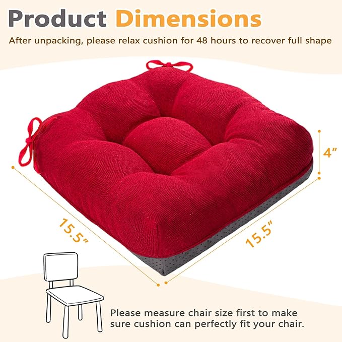 MAGIC ELEPHANT Chair Cushions for Dining Chair, Shredded Memory Foam Kitchen Chair Cushions Set of 4, Non-Slip Thick Dinning Room Chair Pads Seat Cushions, 15.5" x 15.5" x 4" (Red)