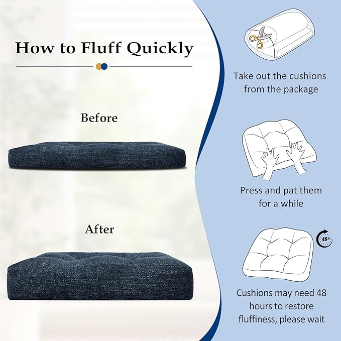 downluxe Chair Cushions for Dining Chairs 2 Pack, Tufted Indoor Chair Pads with Non-Slip Bottom, U-Shaped Kitchen Chair Cushions, 17"x17"x4", Navy