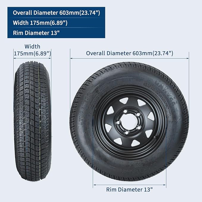 2-Pack Trailer Tire On Rim ST175/80D13 Trailer Tires and Wheels 5 Lug on 4.5 in PCD Trailer Tires with 13 in Rims Load Range C 6PR Black