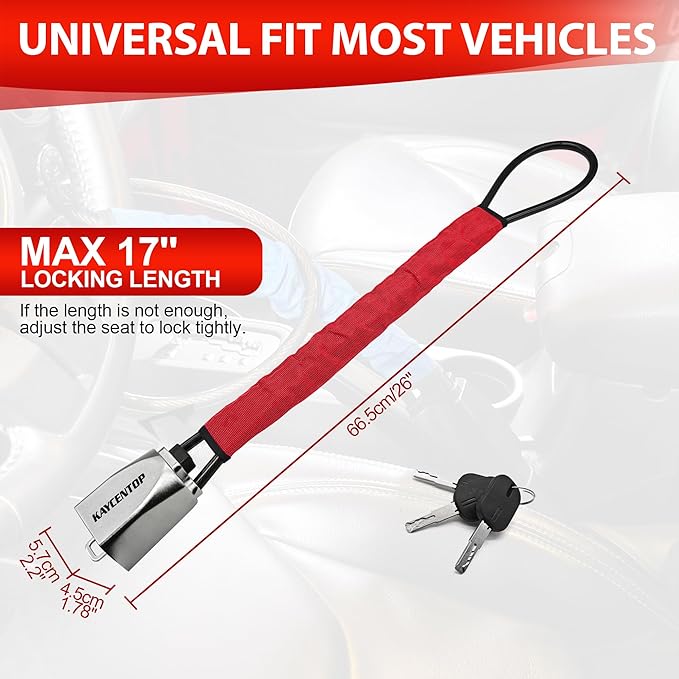 KAYCENTOP Car Steering Wheel Lock, Seat Belt Lock, Car Locks Anti-Theft Device with Aluminum Alloy Lock Housing, Max 17 Inch Length, High Visibility and Light-Weight, Universal Fit, 3Keys(Red)