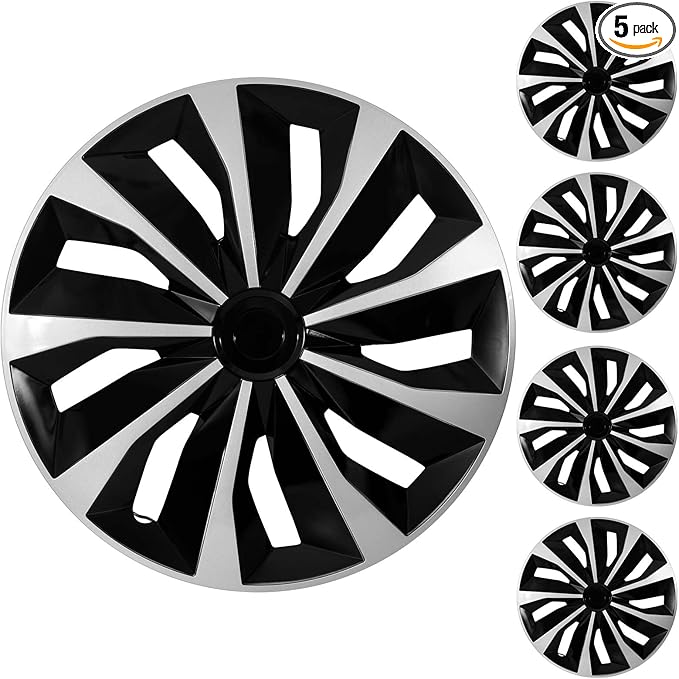 ABX Hubcaps, 16 inch hubcaps Set of 5, Wheel Rim Cover ABS Material, Snap On Car Truck SUV Replacement, for Toyota Camry Nissan Mazda etc, Black & Silver