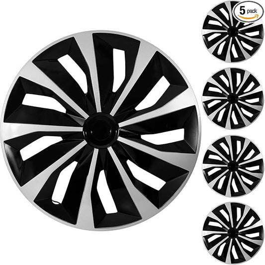 ABX Hubcaps, 16 inch hubcaps Set of 5, Wheel Rim Cover ABS Material, Snap On Car Truck SUV Replacement, for Toyota Camry Nissan Mazda etc, Black & Silver