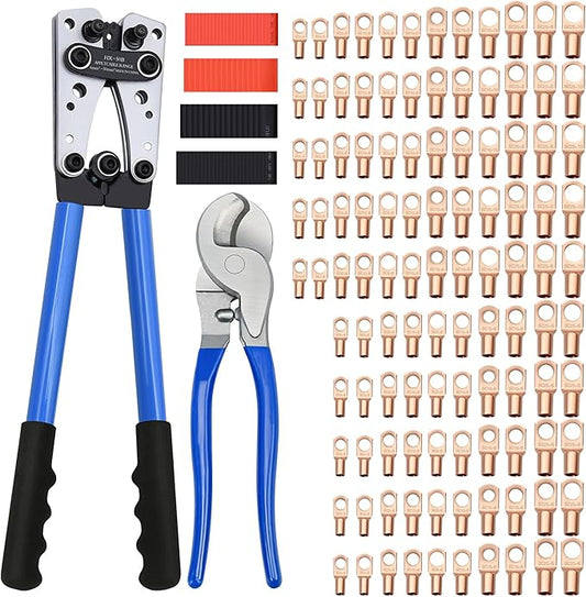 Cable Lug Crimping Tool with 170pcs Copper Wire Lugs, Wire Crimping Tool for AWG 10-1/0 Electrical Lug Crimper, with Cable Cutter, 210pcs Dual Wall Adhesive Heat Shrink Tubing