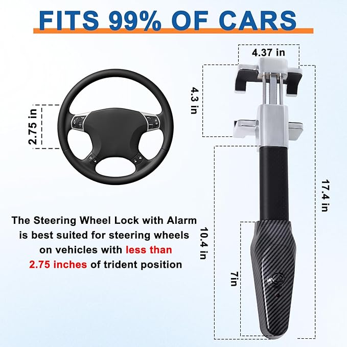 Steering Wheel Lock with Alarm,Heavy-Duty Anti-Theft Security Device for Cars Trucks & SUVs,Includes 2 Keys (Black)