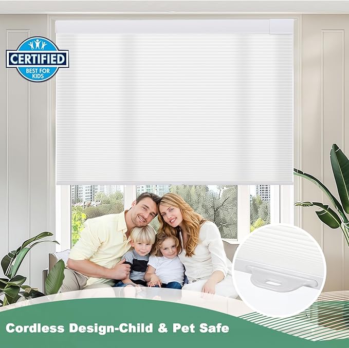 Tonature No Drill Cellular Shades for Indoor Windows, Thermal Insulating & Noise Reducing Honeycomb Blinds, Cordless Free Stop Blinds Light Filtering, White,56 1/2" W x 64" H