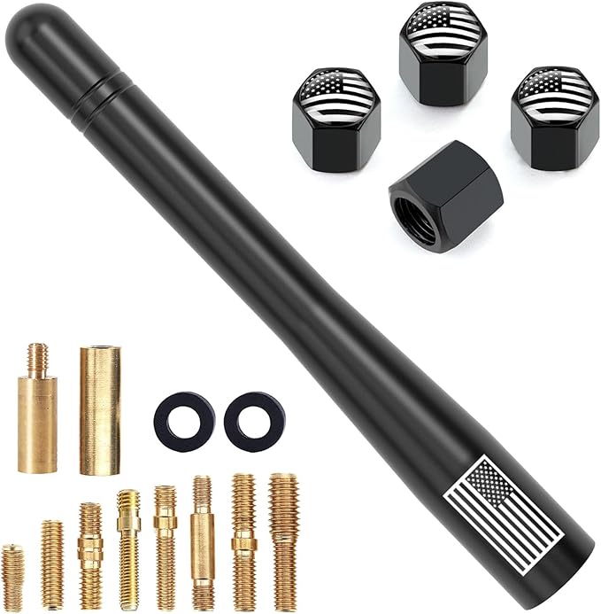 Car Truck Short Antenna 4" with Tire Valve Caps American Flag Universal Replacement for GMC Sierra Chevy Silverado Dodge Ram 1500 2500 3500 Ford F150 F250 F350 Super Duty Bronco Raptor, Black