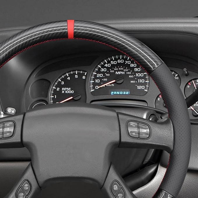 MEWANT Hand Stitch Steering Wheel Cover for Chevy Silverado 1500 2003-2006 Glossy PU Carbon Fiber Leather Steering Wrap