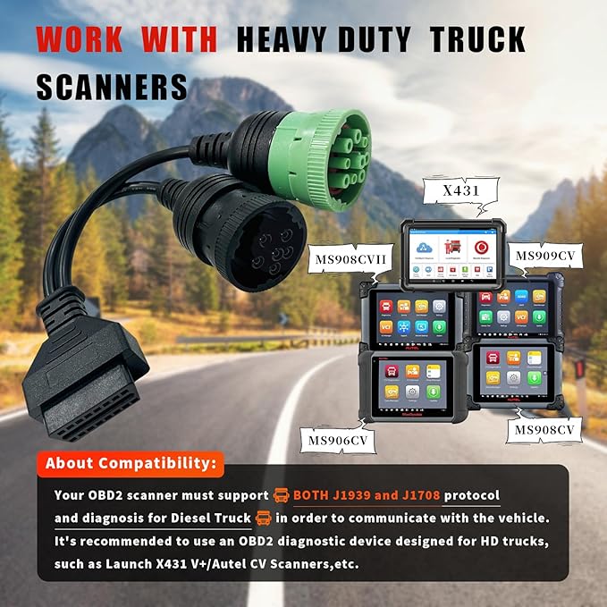 OBD to Type 2 Green 9pin J1939 and 6pin J1708 Split Y Cable for Diesel Truck Diagnostics Adapter, 2-in-1 J1708 6Pin&j1939 9Pin OBD2 Cable Connector Fit for Heavy Duty Truck,Work with Truck scanner