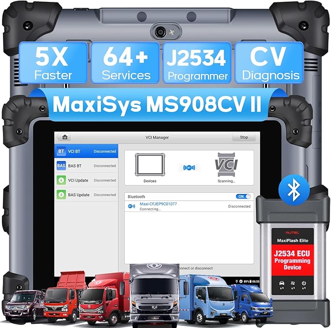 Autel MaxiSys MS908CV II Heavy Duty Truck Scanner, J2534 ECU Programming Tool, Upgraded from MS908CV, 64+ Services, All System Diagnostics, Class 1–9 Vehicles, Commercial & Semi Truck Scan Tool
