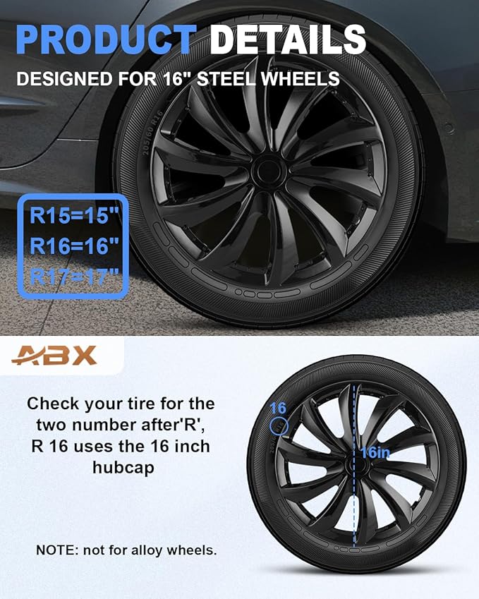 ABX Hubcap Wheel Covers Hub Caps 16 Inch Set of 4 Black & Silver Universal Wheel Rim Cover R16 Stylish Car Decor Wheel Covers for Toyota Camry Nissan Mazda (black-11, 16 inch)