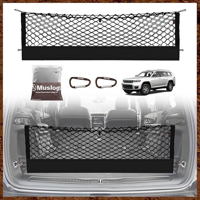 Muslogy Truck Bed Cargo Net Trunk Netting Compatible with 2021-2025 2026 Jeep Grand Cherokee L (3-Row GCL) Accessories, Pickup Cargo Organizer SUV Sedan Storage Net w/Heavy Duty Carabiners