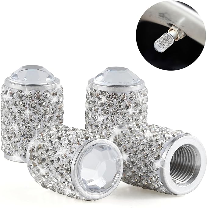 Alpmosn Car Wheel Tire Valve Caps, 4 PCS Bling Tire Valve Caps, Crystal Tire Caps Shinny Rhinestone for Women, Universal Car Dustproof Tire Valve Caps for Cars, Trucks, SUV and Motorcycles (White)