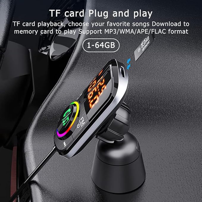 Bluetooth FM Transmitter for Car, Bluetooth para Carro/Audio Adapter with Dual Car Charger, Support Dual Display Digital Colorful Lights TF Card