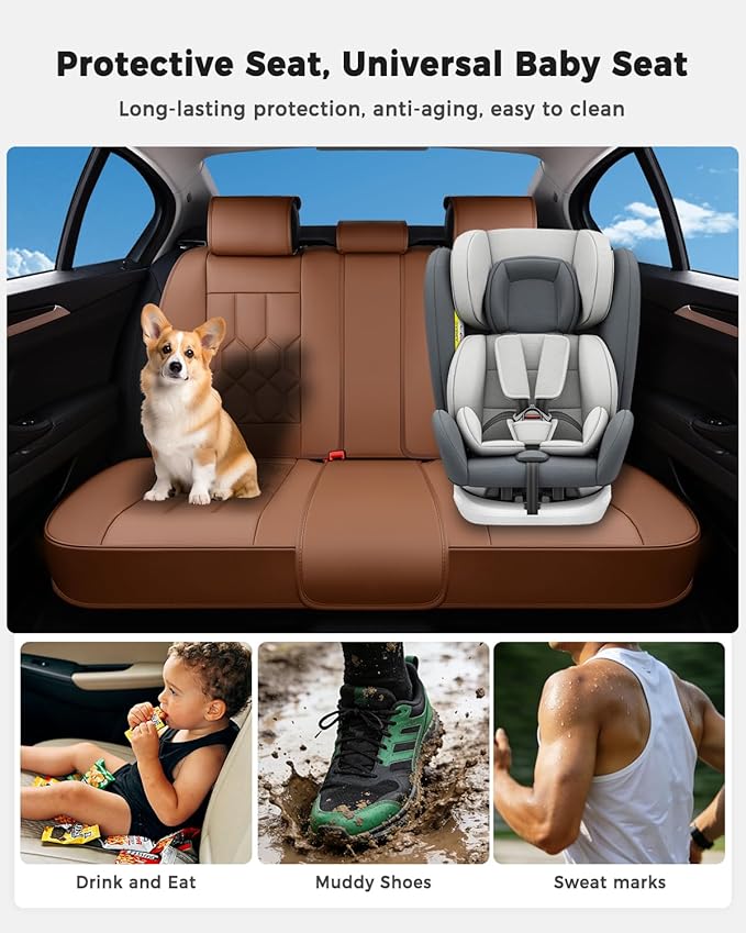 Huidasource Seat Covers Full Set, Universal Fit for Most Cars SUVs Trucks, Full Coverage Leather Automotive Seat Cover, Airbag, Cupholder Compatible, Seat Function Retain, Velcro Adjustable, Brown
