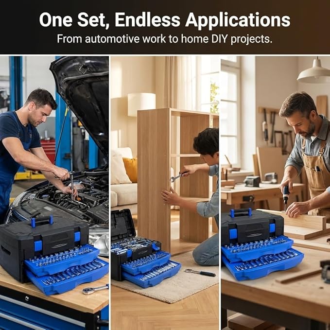 266-Piece Mechanics Tool Set, Heavy Duty Auto Repair Tool Kit with Drawers Storage Box, Carbon Steel Socket Wrench Set for Car Maintenance and Home DIY, Black&Blue