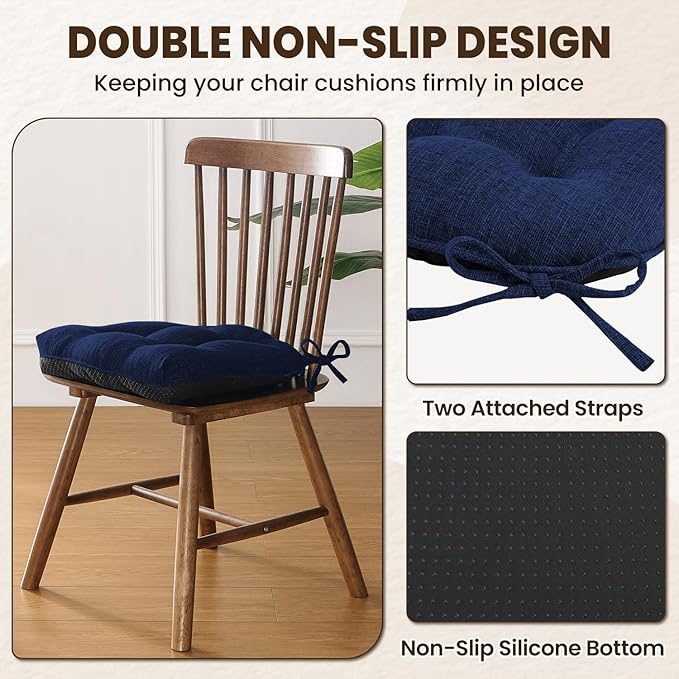downluxe Indoor Chair Cushions for Dining Chairs, Tufted Overstuffed Textured Kitchen Chair Pads with Ties and Non-Slip Backing, 15.5" x 15.5" x 4", Royal Blue, 4 Pack