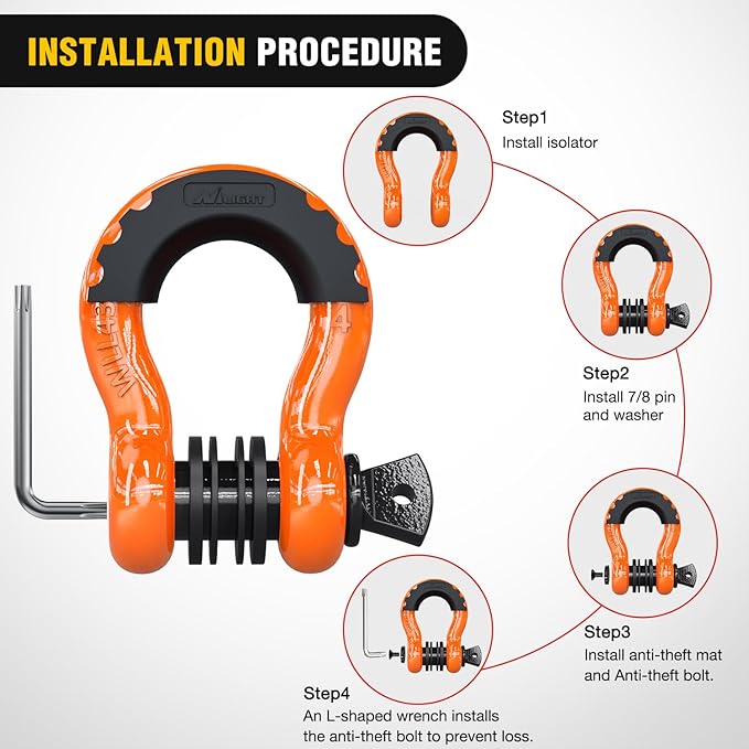 Nilight 3/4 inch D Ring Shackle 2 Pack 19T (41,887 lbs) Break Strength 4.75T WLL Heavy Duty Towing Hook with Anti-Theft System Anti-Rattle Isolators for Truck Jeep SUV ATV UTV Recovery Orange