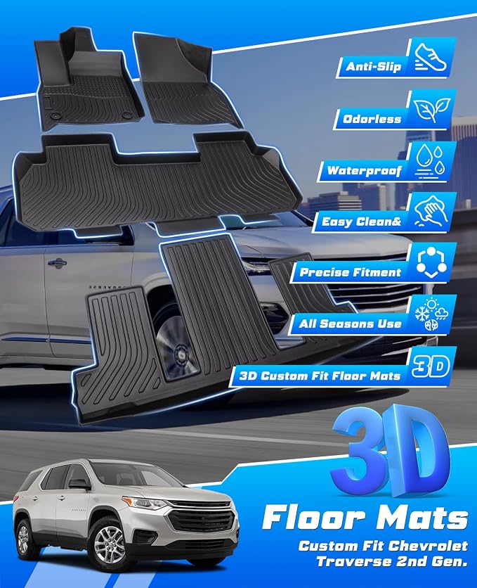 Sunsdrew Premium All-Weather Floor Mats for 2018-2024 Chevy Chevrolet Traverse 7-Seater TPE Heavy-Duty Car Floor Liner for Traverse Accessories(ONLY Fit 2nd Row Bucket Seats)