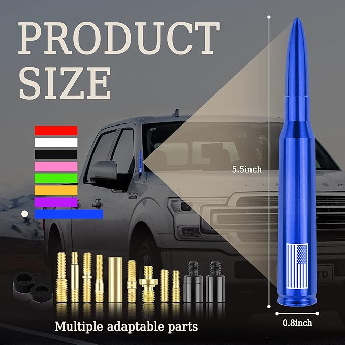 Car Bullet Antenna,Truck Exterior Decoration Accessories Car Vehicle Replacement Antenna Conpatible with Ford F150 RAM 1500 GMC Heavy Duty Pickup Trucks Accessories (New Upgrade Blue-U.S. Flag)