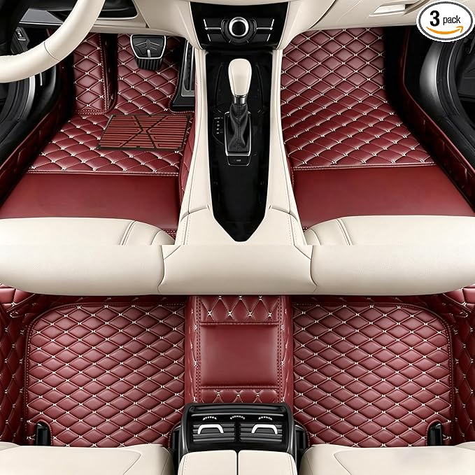 Custom Car Floor Mats with Personalized Text & Image, Unique Leather All-Weather Compatible with 99% Vehicles, DIY Photo Name Logo Gift for Sedan SUV Truck(Wine Red)