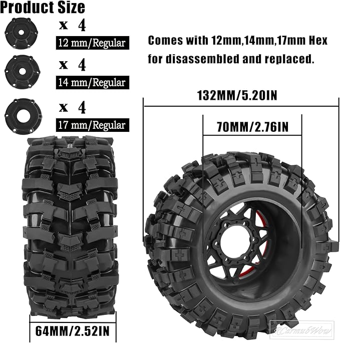 1/10 Scale RC Truck Tires,Wheels and Tires w/12/14/17MM Hex for Rustler Stampede Hoss,Arrm a Granite Vorteks Big Rock 3S,1/10 Off Road Tires Rubber Truck Tyres w/Foam Insert,Black w/Red