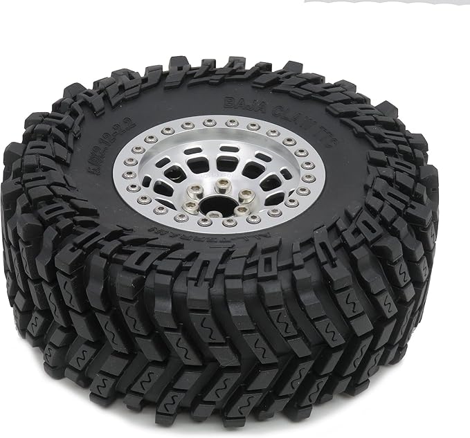 HOBBYSOUL 2.2 Tires Height 5.0'' (with Foam) & 2.2 Beadlock Wheels Silver for RC Mud Crawler Trail Gen8 Everest gen 7 Pro/Axial Capra Wraith / TRX4, (4-Pack, Assembled)