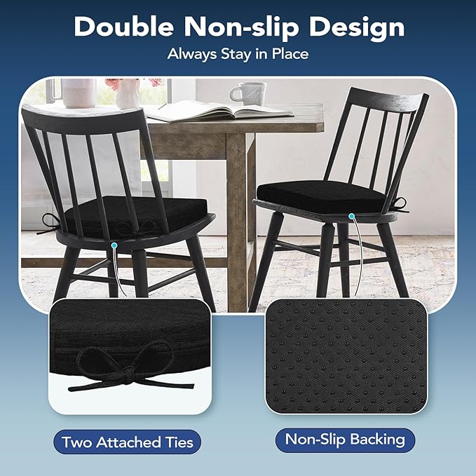 Chair Cushions for Dining Chairs, Non Slip Chair Pads with Ties and Washable Covers, Memory Foam Kitchen Chair Cushions Set of 4, 16"X16"X2.5", Black